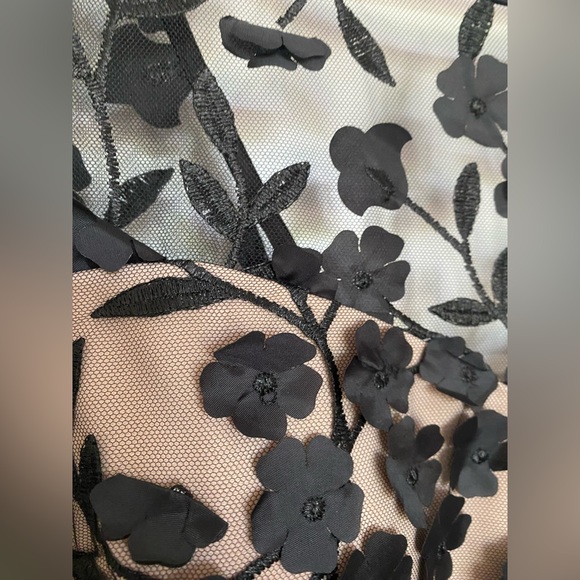 BHLDN nude gown with black mesh overlay, embroidery, and floral appliqué. - Picture 7 of 7